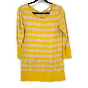 Loft 3/4 Sleeve Pullover Sweater Womens Sz M Yellow Beige Striped Tie Back Neck